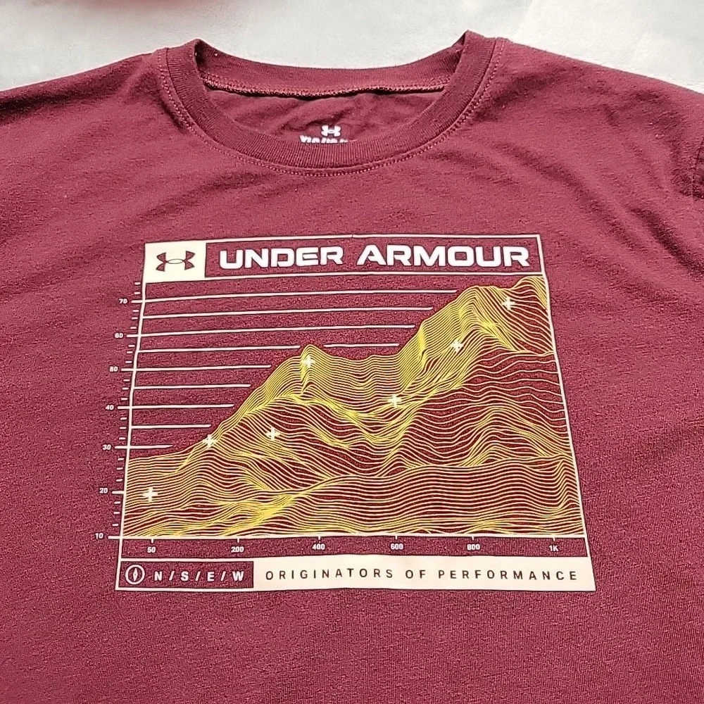 Under Armour Shirt Boys Large Maroon Topographic Map Long Sleeve Activewear TEE